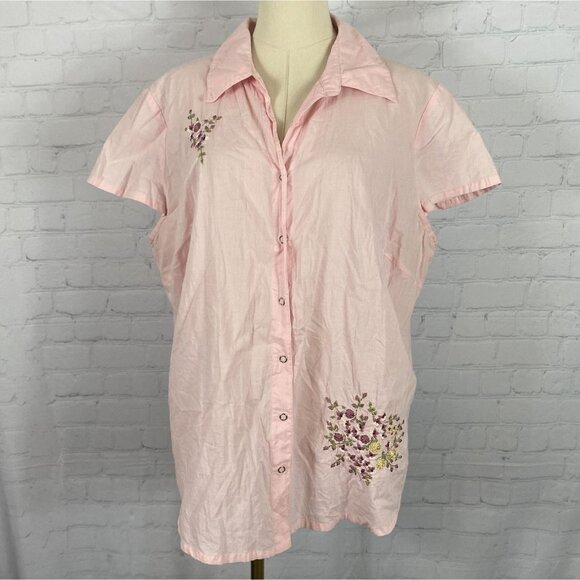 Vintage Y2K Fashion Bug Size 18 20 Pink Floral Embroidered Cap Sleeve Shirt - Picture 1 of 9